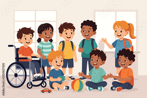 Group of diverse multiethnic children playing together in a bright classroom setting including a boy in a wheelchair and school kids.
