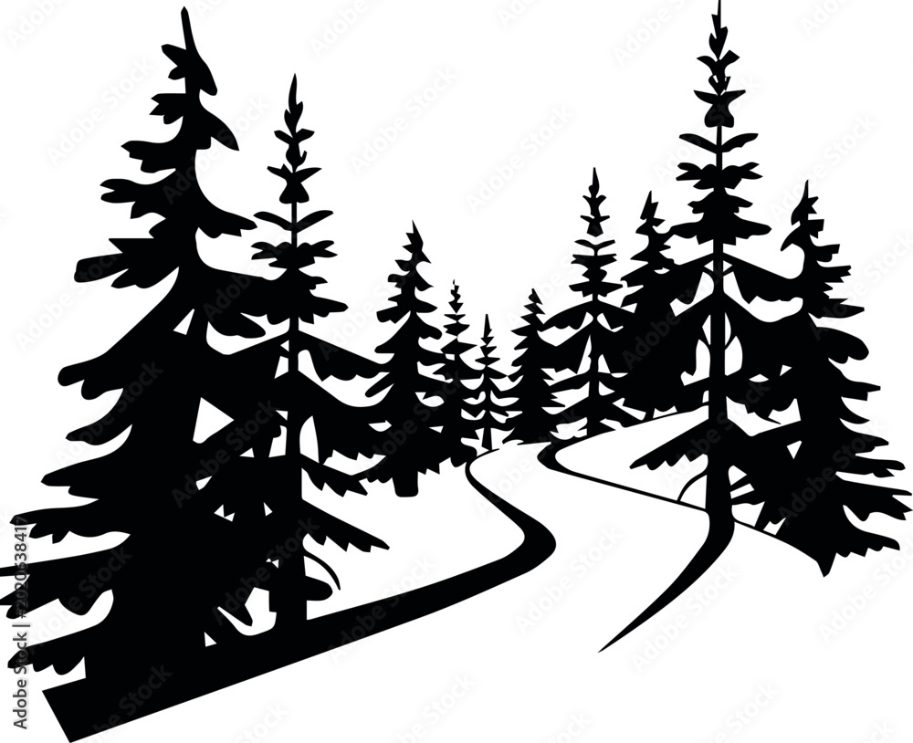 Obraz premium Pine forest camping scene with trail and campsite