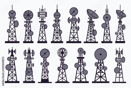 Extensive collection of various communication and telecommunication tower silhouettes featuring antennas and satellite dishes.