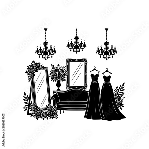 Silhouette Illustration of a Luxury Bridal Boutique with Dresses and Chandeliers