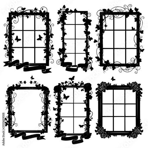 Six black silhouette ornate window frames with floral vines and butterflies