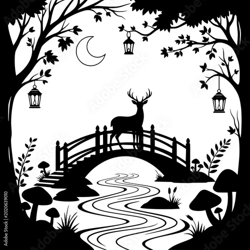 Silhouette of a Deer on a Bridge in a Magical Night Forest