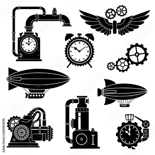 Steampunk Industrial Icons and Objects Silhouette Vector Set