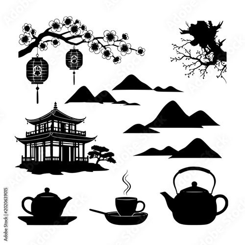 Traditional Asian Culture Silhouette Collection with Pagoda and Teapots