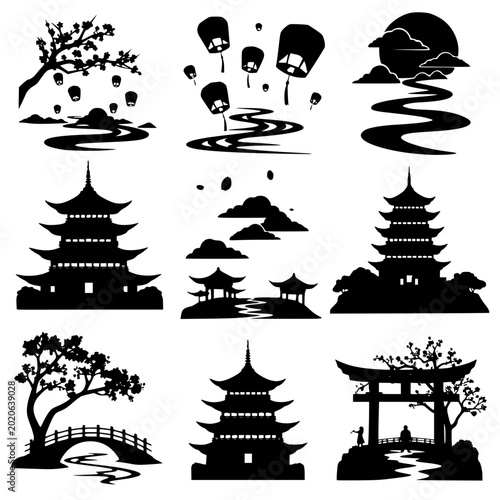 Traditional East Asian Landscape and Pagoda Silhouette Icons Set