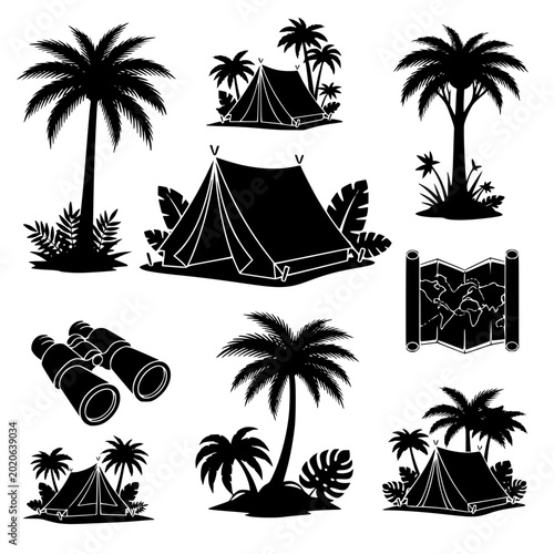 Tropical Camping and Adventure Silhouette Icon Set