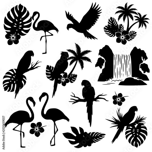 Tropical Silhouette Collection with Flamingos Parrots Palm Trees and Waterfall
