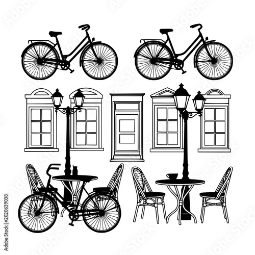 Vintage European street cafe elements set with bicycles and furniture silhouettes
