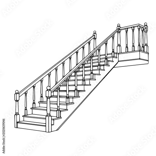Wooden Staircase with Railing and Balusters Line Art Illustration
