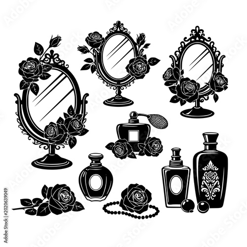 Vintage Ornate Vanity Set with Mirrors Perfume Bottles and Roses Silhouettes