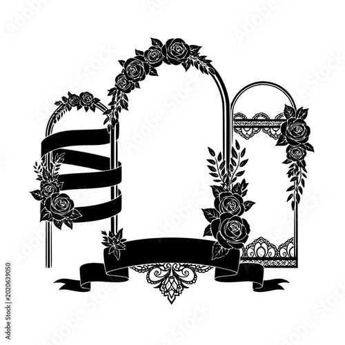 Vintage Floral Arched Frame with Roses Ribbons and Lace Vector Silhouette