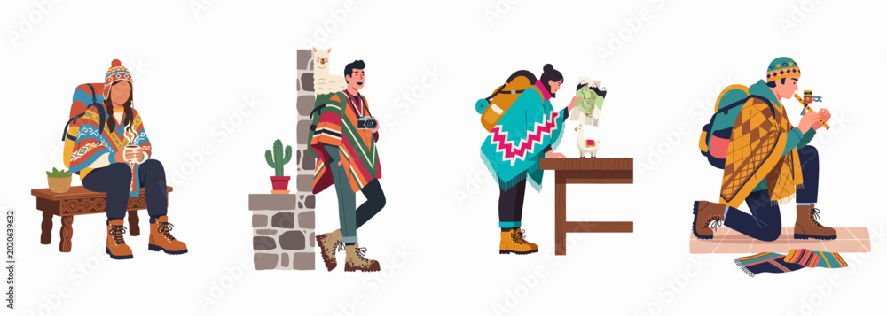 Fototapeta premium Collection of diverse travelers in South America wearing traditional ponchos and carrying backpacks while exploring, taking photos, and resting during their mountain journey.