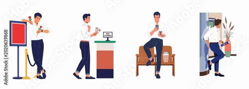 Foto Sequence of Illustrations Depicting a Young Man Preparing for and Waiting for a