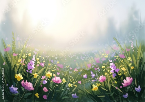 Enchanting Meadow Bursting with Vibrant Wildflowers Under Soft Morning Sunlight.