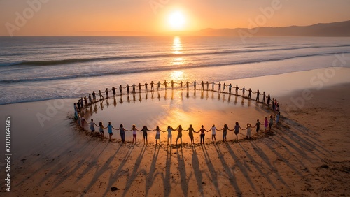 Unity and connection depicted by a circle of people holding hands on a beach at sunset