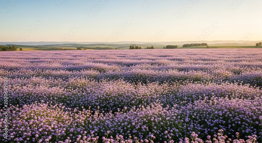 Fototapeta premium Vast Lavender Field Under a Soft Sunset Sky.