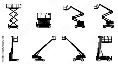 Foto Set of black silhouette icons of different aerial work platforms and scissor lif