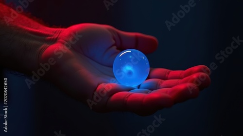 A glowing blue orb sphere held in a human hand with dark red and blue neon lighting in a mysterious atmosphere