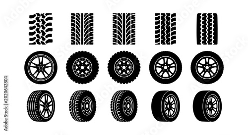 Photos Collection of black tire treads and car wheels on a white background, vector ico