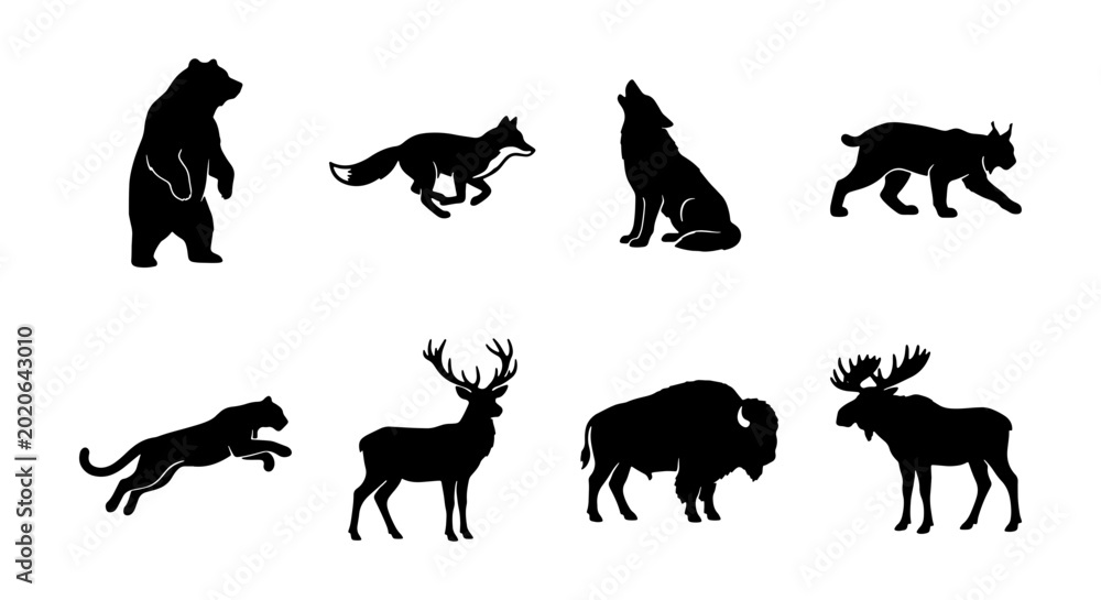 Obraz premium Collection of wild animal silhouettes including bear, fox, wolf, lynx, jaguar, deer, bison, and moose Vector
