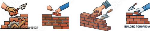A hand placing a brick on a brick wall, symbolizing construction and building, vector set isolated on white