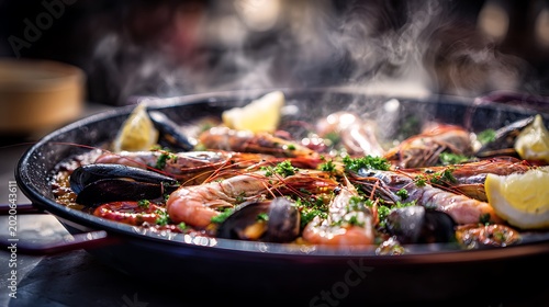 Fresh hot seafood paella served in a traditional pan.