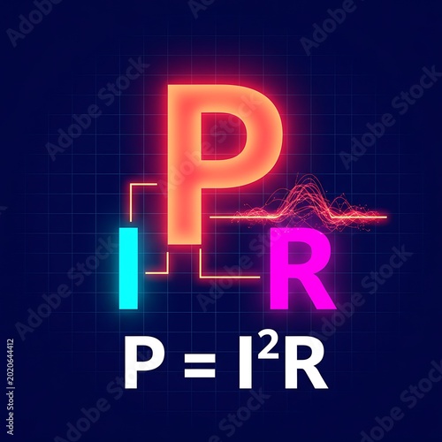 Neon glowing electrical power formula equation P equals I squared R digital display on dark blue grid background for science