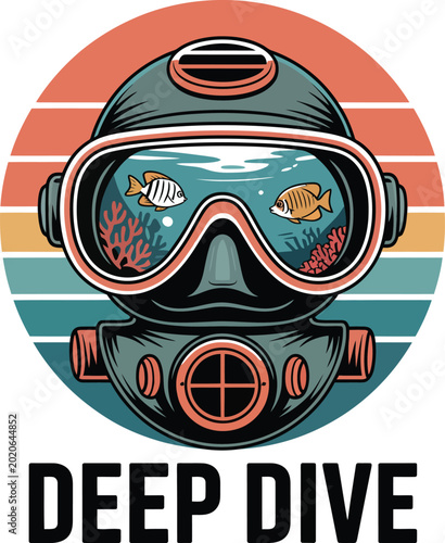 Vintage diving mask with fish and coral, retro sunset stripes, text 