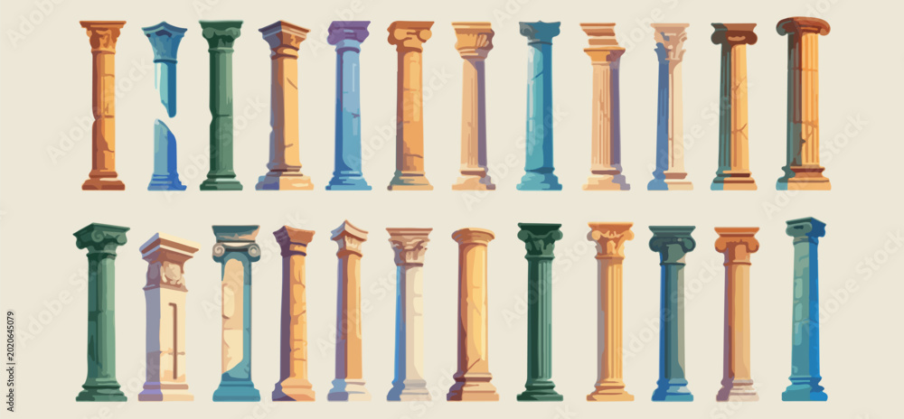 Fototapeta premium Ancient Greek Columns, Classical Architecture Doodles, Roman Pillar Art, History Heritage Elements, Stone Structure Illustration, Monumental Design Sketch, Architectural Pillar Set 