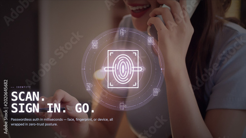 Asian woman using biometric fingerprint scan authentication technology for secure passwordless login identity verification digital security concept interface