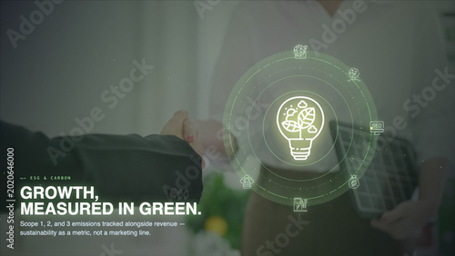 business professional analyzing ESG sustainability metrics using digital interface hologram technology artificial intelligence data analytics environmental