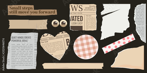 Scrapbook element set. Retro paper decor, Vintage newspaper cuttings, tape. Vector collage design templates.