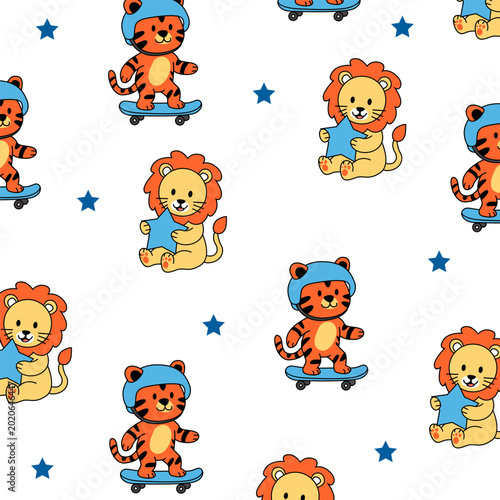 Fényképezés lion and tigger cute cartoon vector seamless pattern design for kids apparel