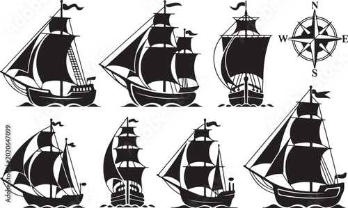 Pirate boats and Old different Wooden Ships with Fluttering Flags. Vector Set Old shipping sails traditional vessel pirate symbols garish vector illustrations.Black silhouettes collection set