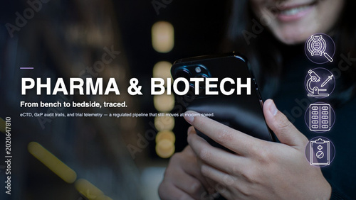 pharmaceutical biotech researcher using smartphone mobile technology app for medical data tracking clinical trial health research laboratory science