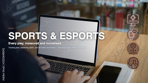 sports esports business professional using laptop computer working on digital platform tracking data streaming rights fan token monetization marketing