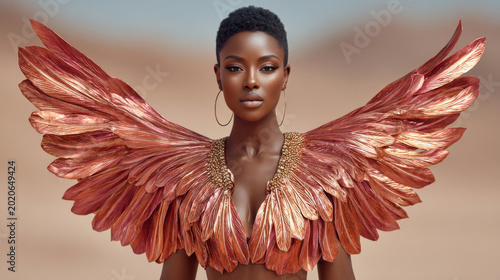 stunning woman with a short haircut wears magnificent copper-toned feather wings and gold hoop earrings against a soft desert background.High-end fashion magazines, beauty brand advertisements