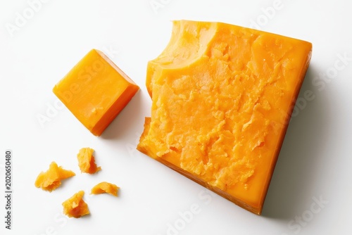 Red leicester cheese block and crumbles resting on white surface in a sharp overhead shot for culinary branding and dairy product marketing