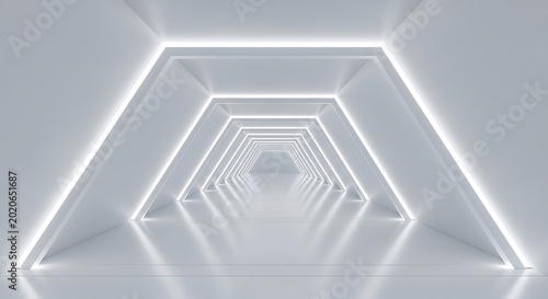 Futuristic white corridor with glowing neon lights a modern architectural tunnel design for sci-fi concepts and abstract backgrounds