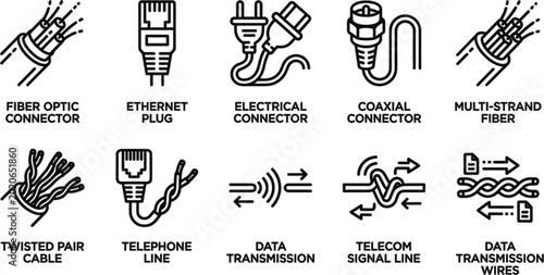 Telecommunications and network cabling line icon set with ethernet and fiber optic vector