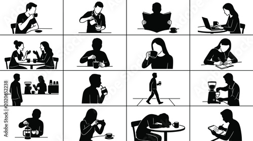 Принти на полотні Set of black and white silhouettes showing people in various coffee shop scenari