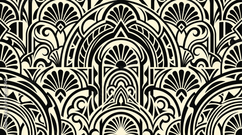Schilderij op canvas Deco style seamless pattern featuring symmetrical black geometric arches and fan