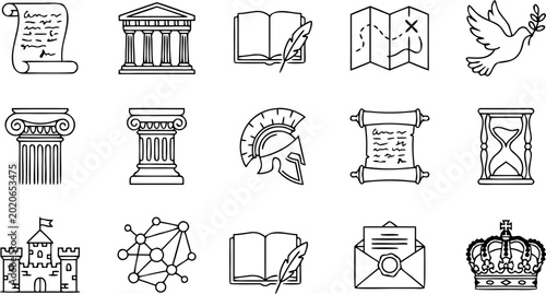 Photos History and ancient civilization line icon set with scroll column temple helmet