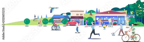 Vector illustration of diverse people active in a city with nature: inclusive society, health, and community