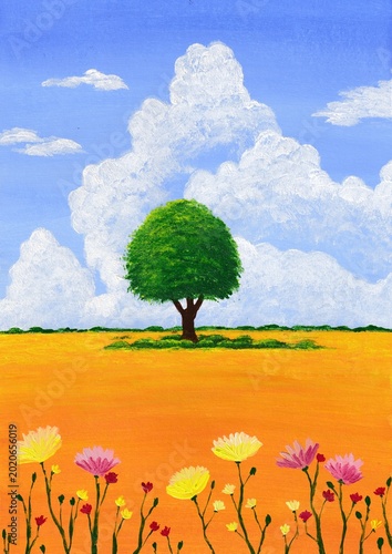 Minimal Acrylic Painting of Tree in Meadow. Acrylic Landscape with Lone Tree and Wildflowers