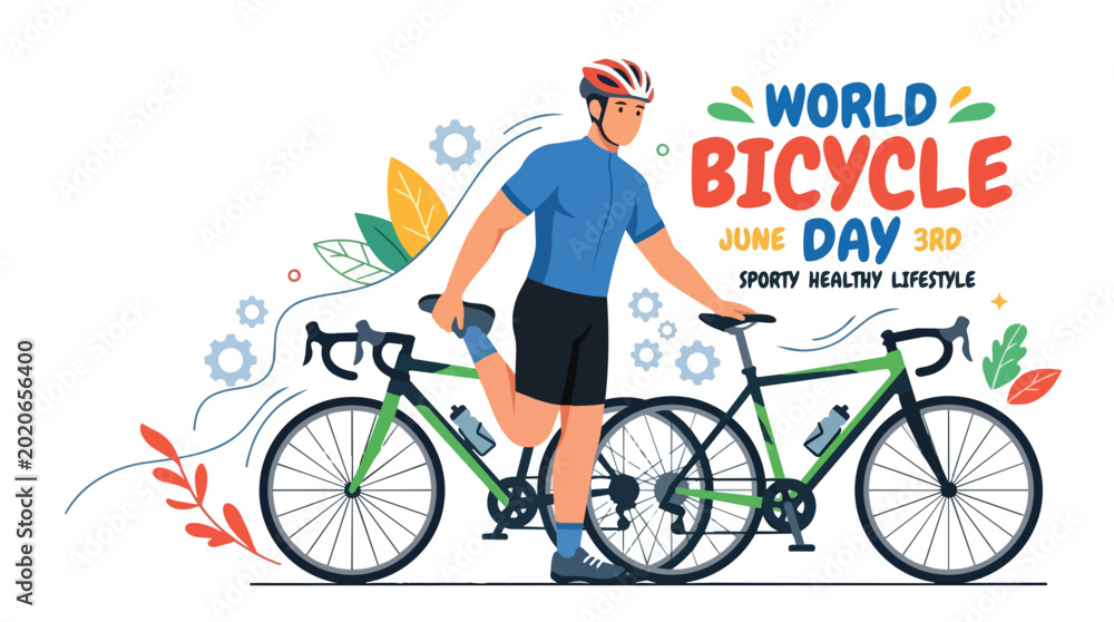 Obraz premium Celebrate World Bicycle Day with a sporty healthy lifestyle, featuring a cyclist stretching beside two bicycles in a vibrant graphic illustration