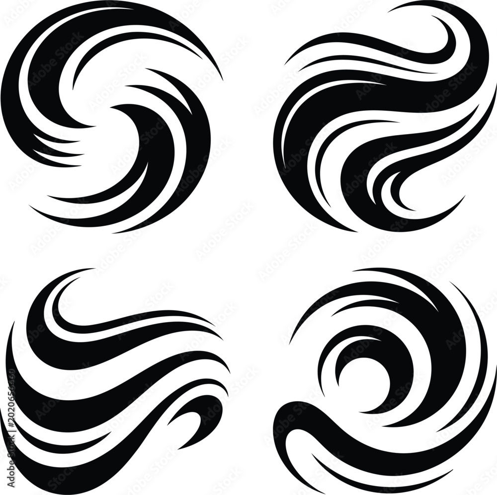Fototapeta premium Four abstract black swirls on white background with abstract shape, black design