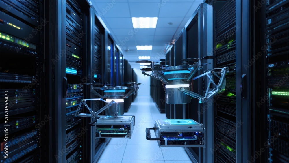 Obraz premium futuristic data center corridor with glowing servers and blue neon lighting for tech innovation and cloud computing