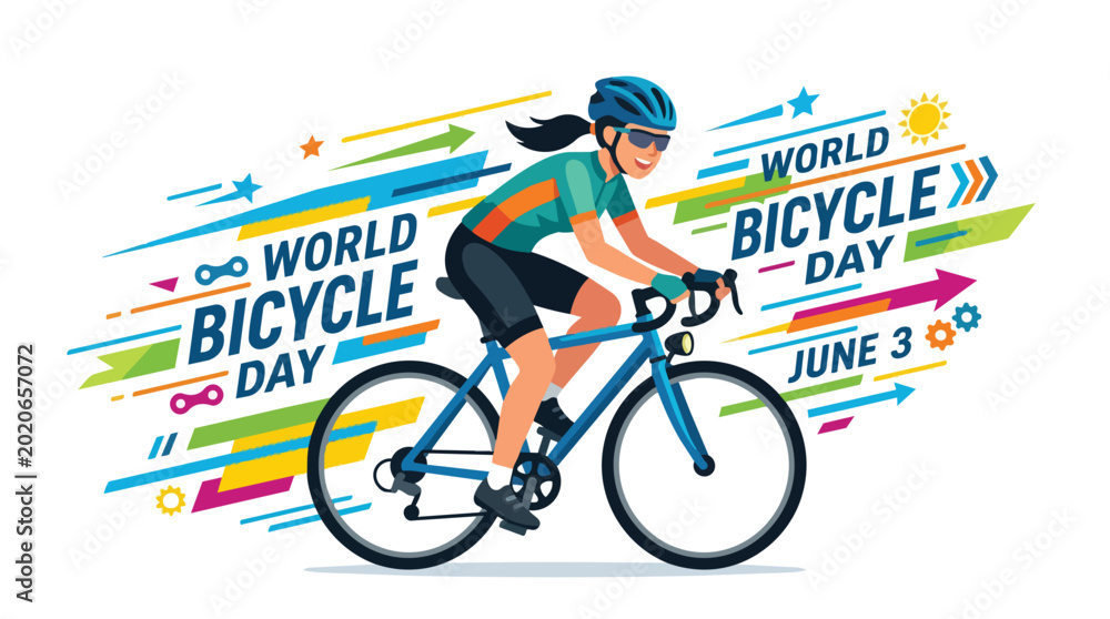 Fototapeta premium Celebrate World Bicycle Day with vibrant illustration of a cyclist riding a bicycle on June 3rd with colorful abstract background