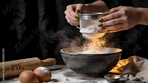 Artisan Baker Hands Sifting Flour Over Rustic Kitchen Table